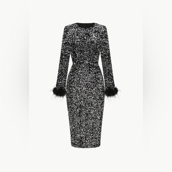 Sequin Round Neck Feather Trim Slit Dress - Picture 1 of 4